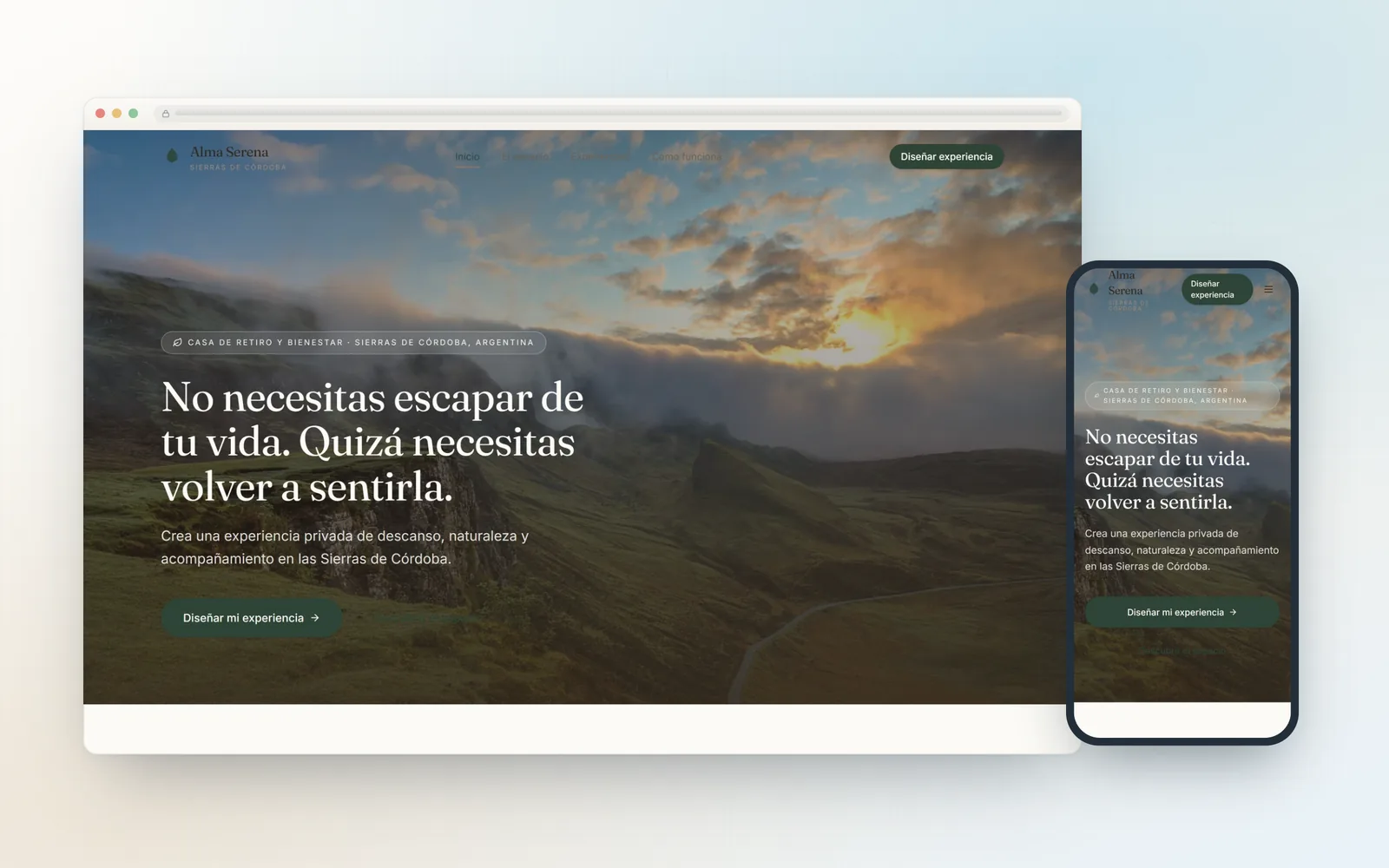 Portada de Alma Serena en ordenador y móvil, con el titular "No necesitas escapar de tu vida. Quizá necesitas volver a sentirla"