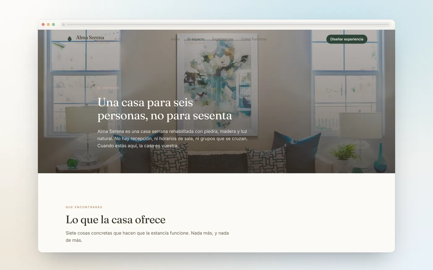 Página del espacio de Alma Serena, la casa serrana y sus instalaciones
