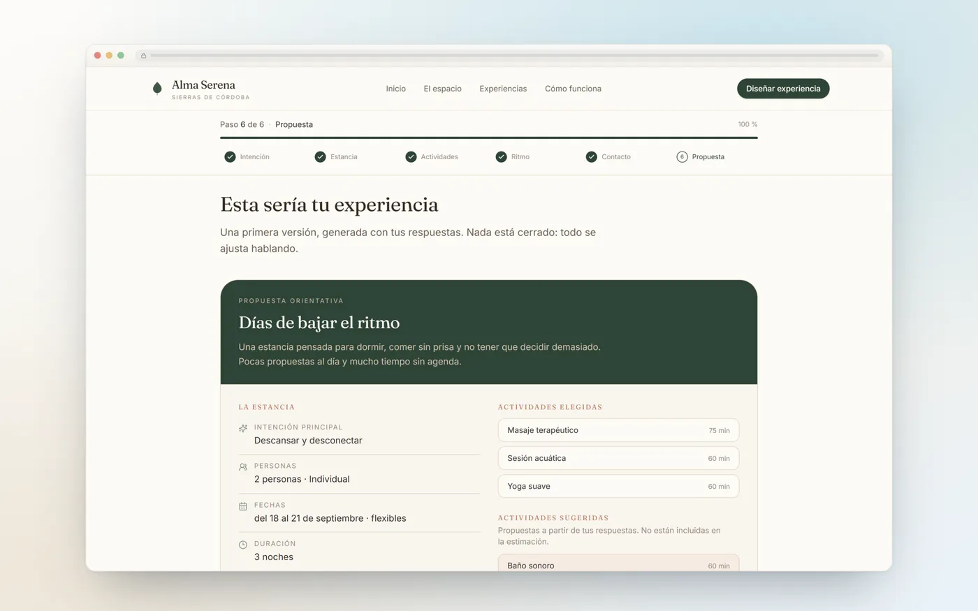 Propuesta generada al final del configurador, con resumen y estimación de precio