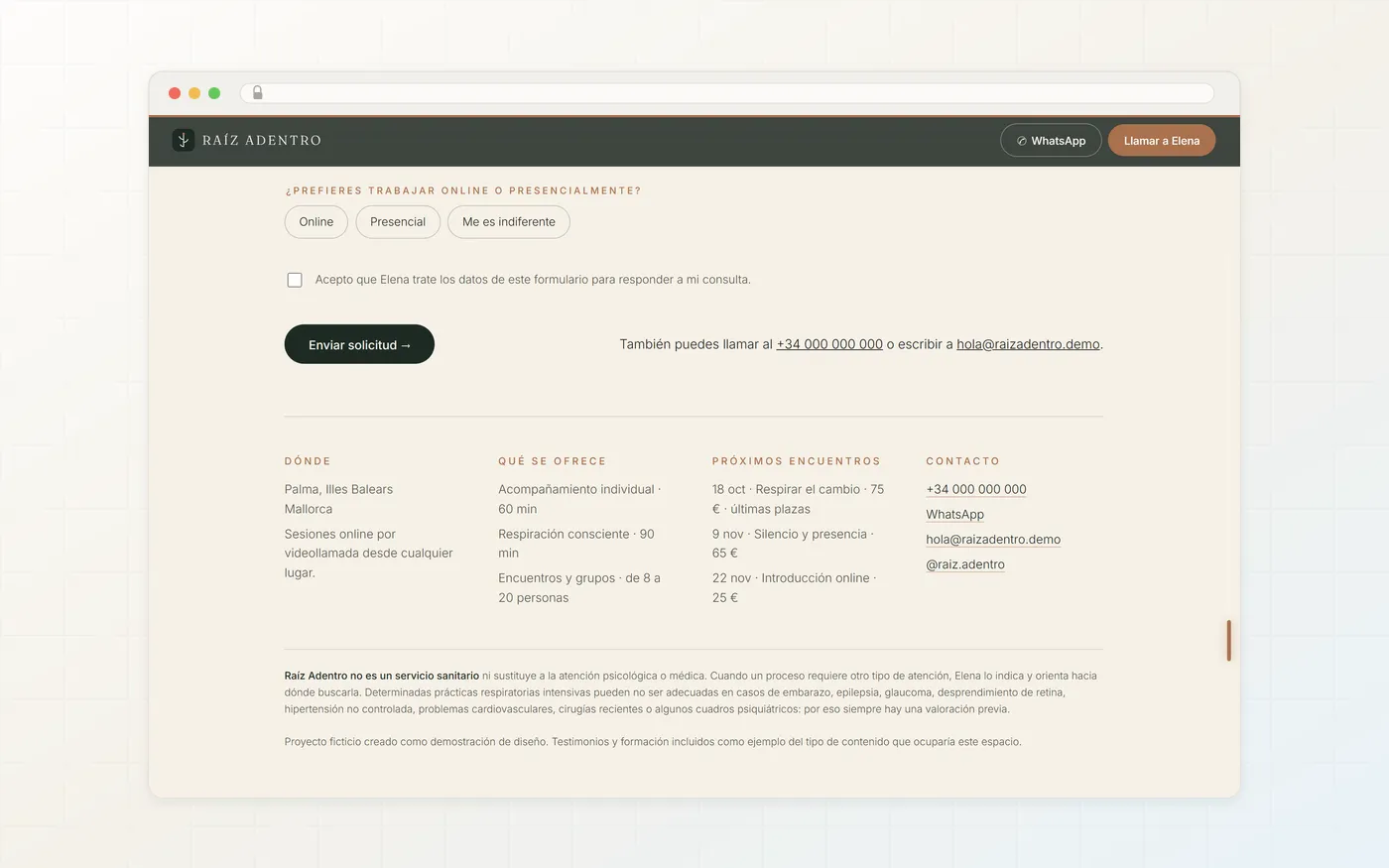 Cierre estático de la página con contacto, próximos encuentros y avisos