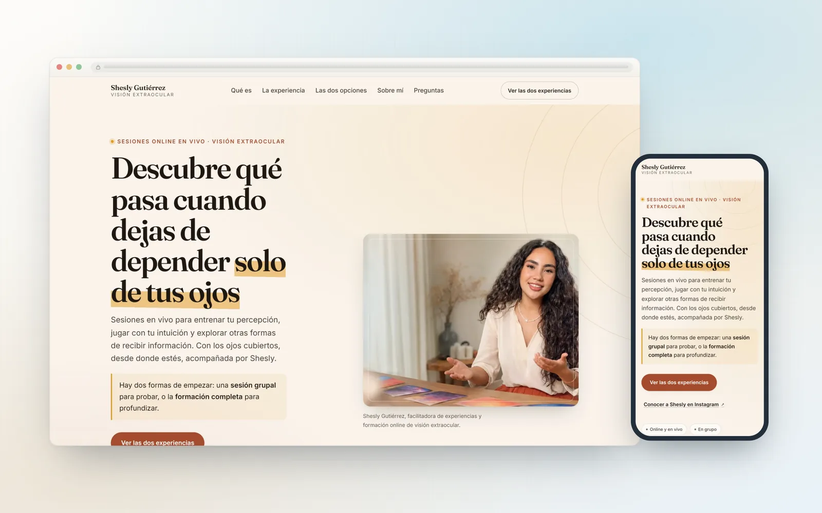 Portada de la landing de visión extraocular en ordenador y móvil, con el titular "Descubre qué pasa cuando dejas de depender solo de tus ojos"