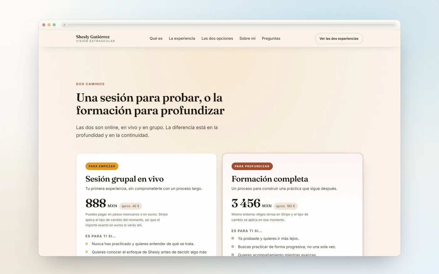 Los dos formatos, sesión grupal y formación completa, con sus precios
