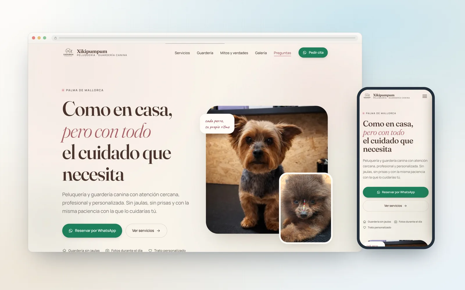 Portada de la web de Xikipumpum vista en ordenador y móvil, con el titular "Como en casa, pero con todo el cuidado que necesita"