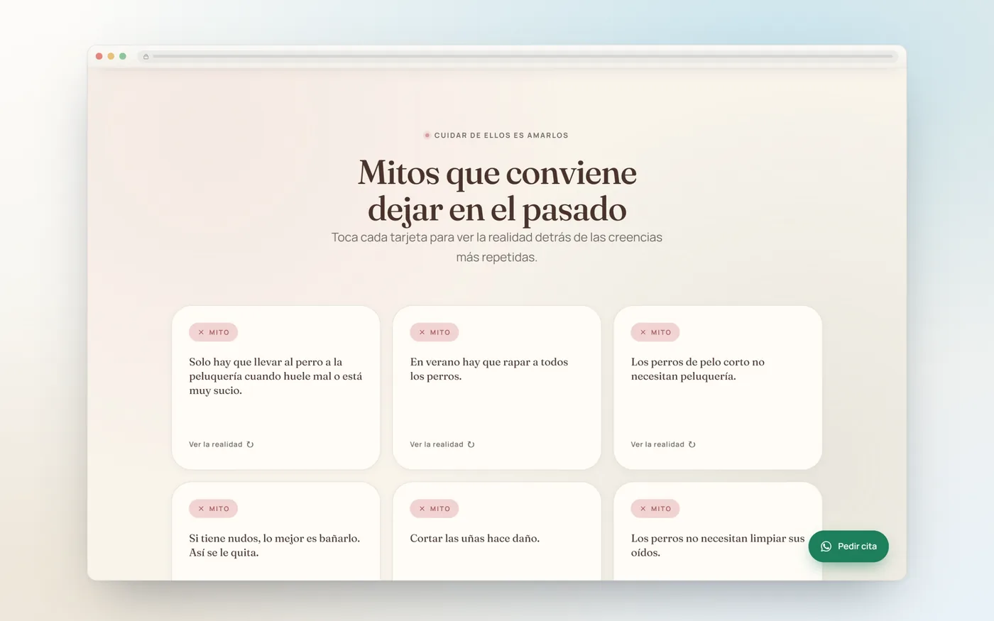 Tarjetas interactivas de mitos y realidades sobre el cuidado del pelo del perro